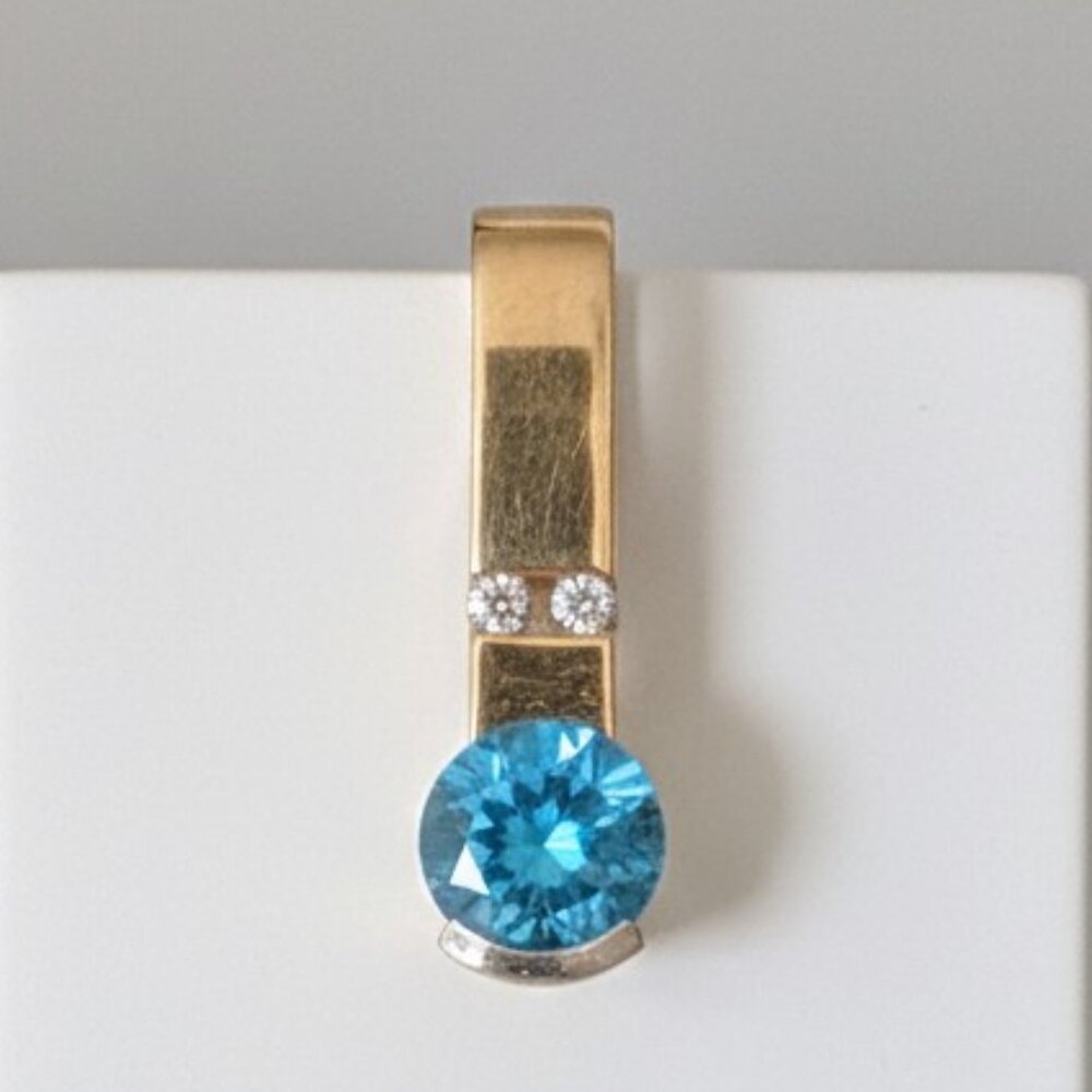Vintage Blue Topaz and Diamond 14K Gold Pendant